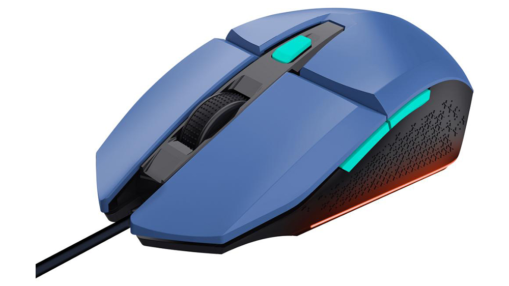 Herní myš Trust Gaming GXT 109B Felox Blue na bílém pozadí zobrazující ergonomický design a RGB podsvícení