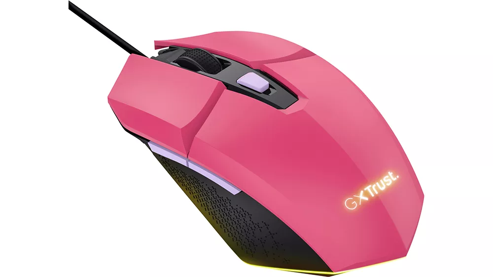 Hern&aacute; my&scaron; Trust GXT 109P Felox Pink v ružovom preveden&iacute; na bielom pozad&iacute; zobrazuj&uacute;ca ergonomick&yacute; dizajn