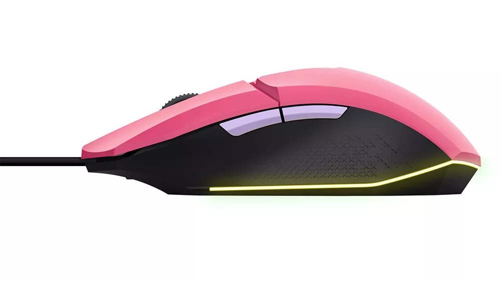 Hern&aacute; my&scaron; Trust GXT 109P Felox Pink s detailom na programovateľn&eacute; tlačidl&aacute; a RGB podsvietenie v akcii