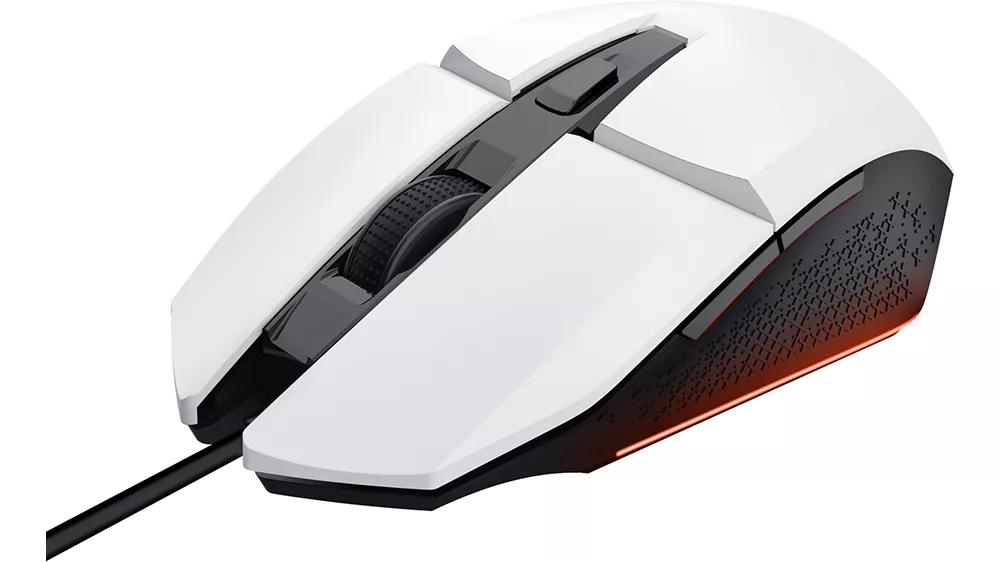 Myš Trust GXT 109W Felox Gaming White na bielom pozadí zobrazujúca celkový dizajn s RGB podsvietením