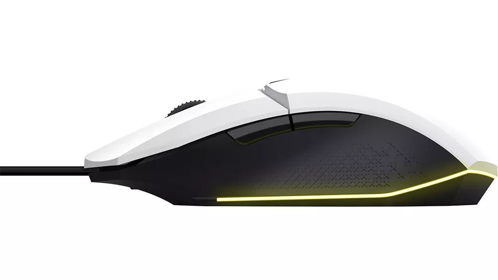 Myš Trust GXT 109W Felox Gaming White ukazujúca programovateľné tlačidlá a možnosti nastavenia DPI