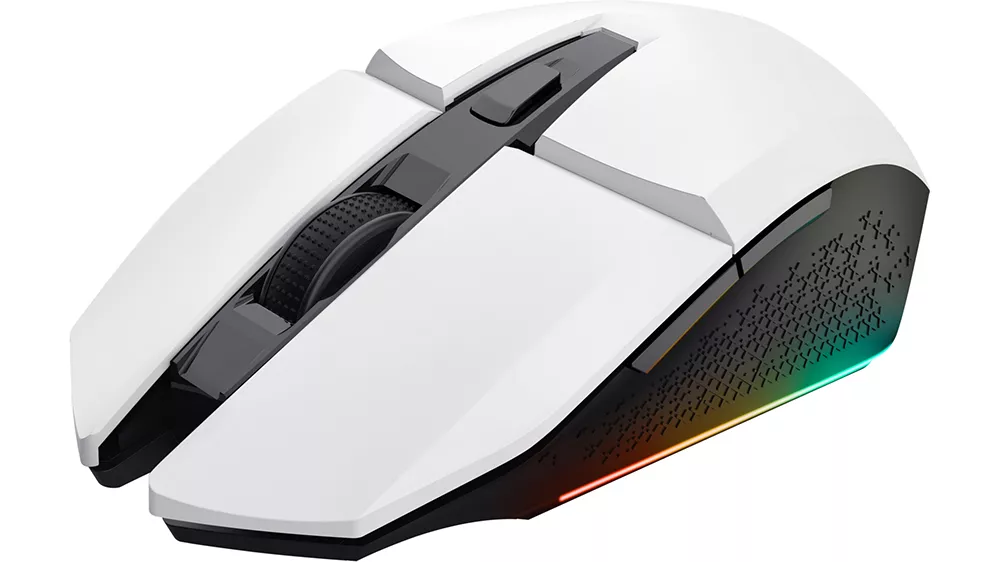Herná bezdrôtová myš Trust GXT 110W Felox White zobrazujúca elegantný biely dizajn s RGB podsvietením a ergonomickým tvarom pre pohodlné hranie