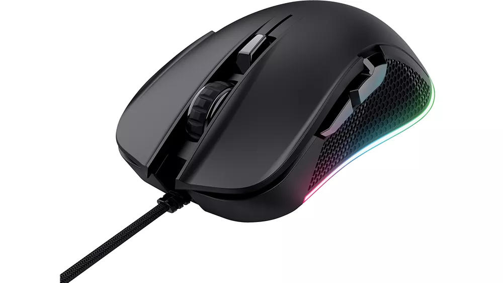 Herná myš Trust GXT 922 YBAR Eco na bielom pozadí zachytávajúca ergonomický dizajn a RGB podsvietenie