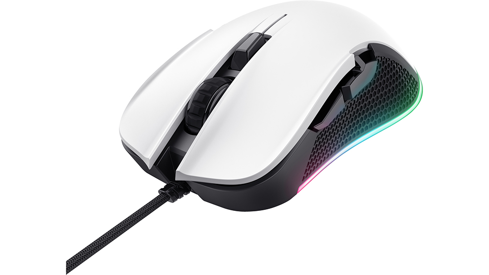 Herní myš Trust GXT 922W YBAR Gaming na bílém pozadí ukazující ergonomický design s RGB podsvícením