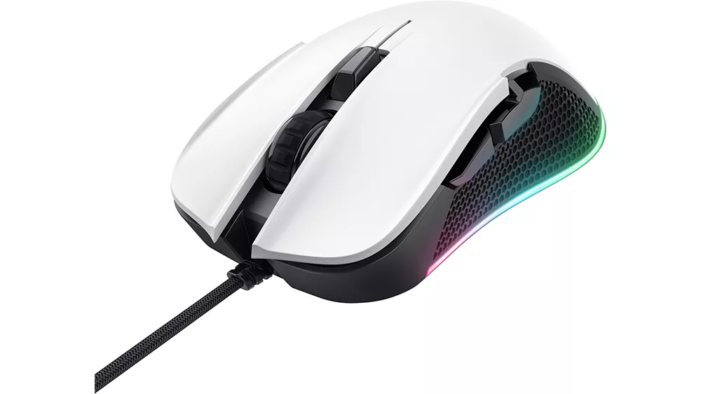 Herná myš Trust GXT 922W YBAR Gaming na bielom pozadí ukazujúca ergonomický dizajn s RGB podsvietením