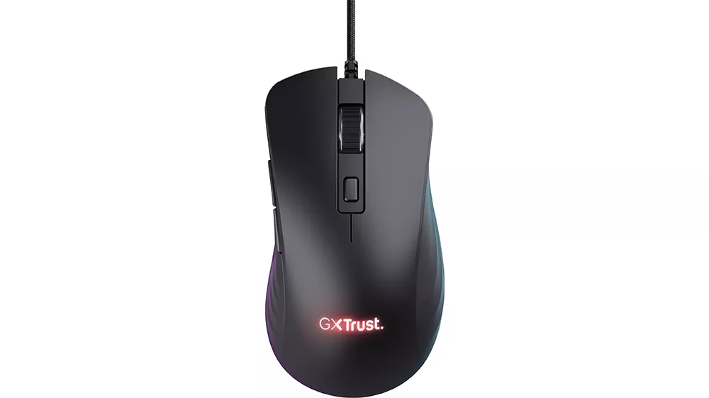 Herná myš Trust GXT 924 YBAR+ na bielom pozadí ukazujúca ergonomický dizajn s RGB podsvietením