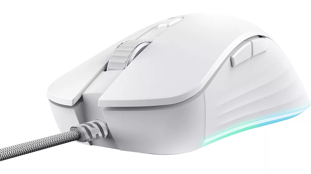 Herná myš Trust GXT 924W YBAR+ Pro Biela na bielom pozadí ukazujúca ergonomický tvar a programovateľné tlačidlá