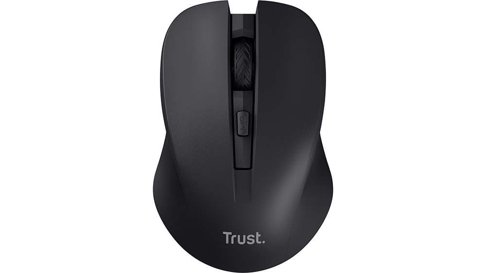 My&scaron; Trust Mydo Silent Click Wireless Optical Black na b&iacute;l&eacute;m pozad&iacute; zachycuj&iacute;c&iacute; ergonomick&yacute; design a hlavn&iacute; tlač&iacute;tka
