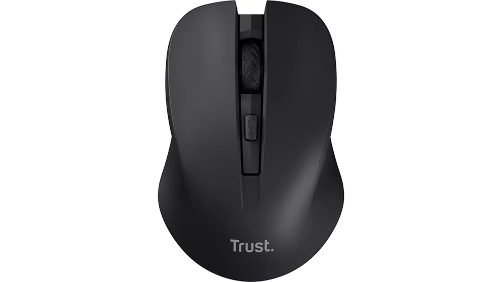 My&scaron; Trust Mydo Silent Click Wireless Optical Black na bielom pozad&iacute; zachyt&aacute;vaj&uacute;ca ergonomick&yacute; dizajn a hlavn&eacute; tlačidl&aacute;