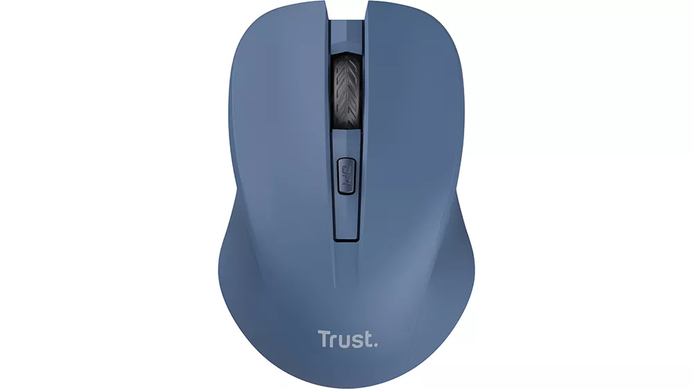 My&scaron; Trust Mydo Silent Blue na bielom pozad&iacute; ukazuj&uacute;ca ergonomick&yacute; ambidextr&aacute;lny dizajn s d&ocirc;razom na detaily tlačidiel