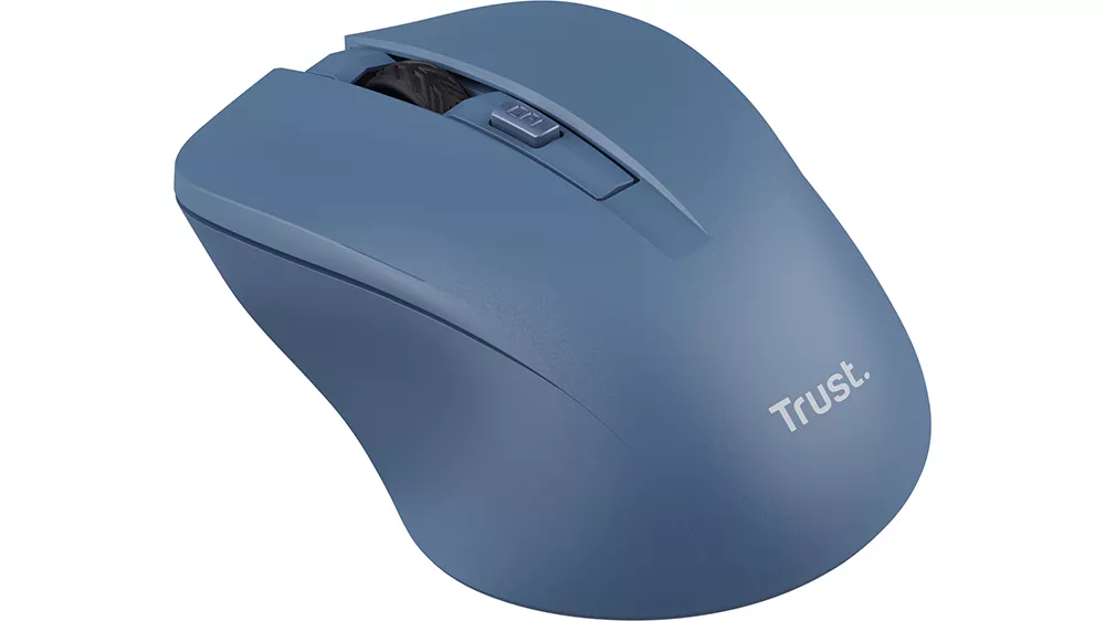My&scaron; Trust Mydo Silent Blue demon&scaron;truj&uacute;ca tich&eacute; tlačidl&aacute; a ergonomick&yacute; tvar pri použit&iacute; v kancel&aacute;rskom prostred&iacute;
