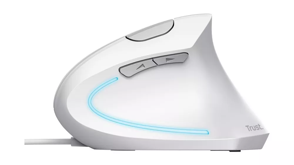 Ergonomická vertikálna myš Trust Verto white s detailom na tlačidlá a možnosti nastavenia DPI pre presné ovládanie