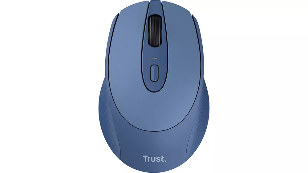 My&scaron; Trust Zaya 25039 Blue na bielom pozad&iacute; zobrazuj&uacute;ca kompaktn&yacute; dizajn s ambidextr&aacute;lnym tvarom