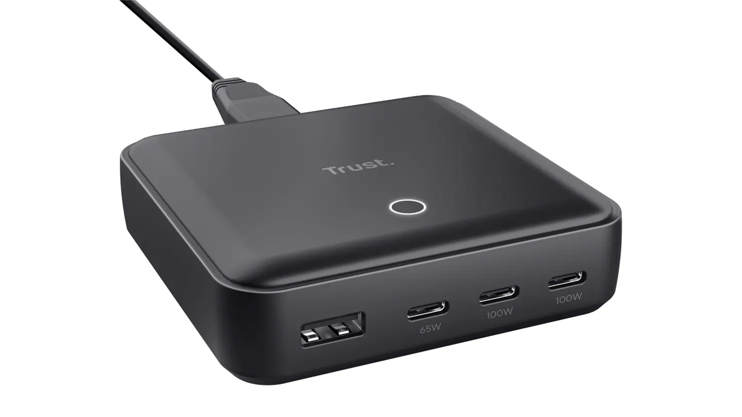 Nap&aacute;jec&iacute; adapt&eacute;r Trust Maxo USB-C/USB-A 100W čern&yacute; předn&iacute; pohled