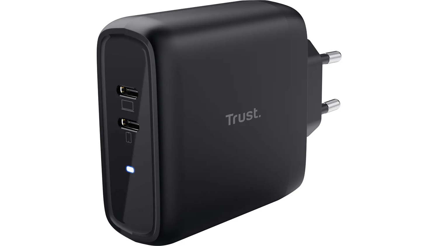 Napájací adaptér Trust Maxo Dual 65W čierny šikmý predný pohľad