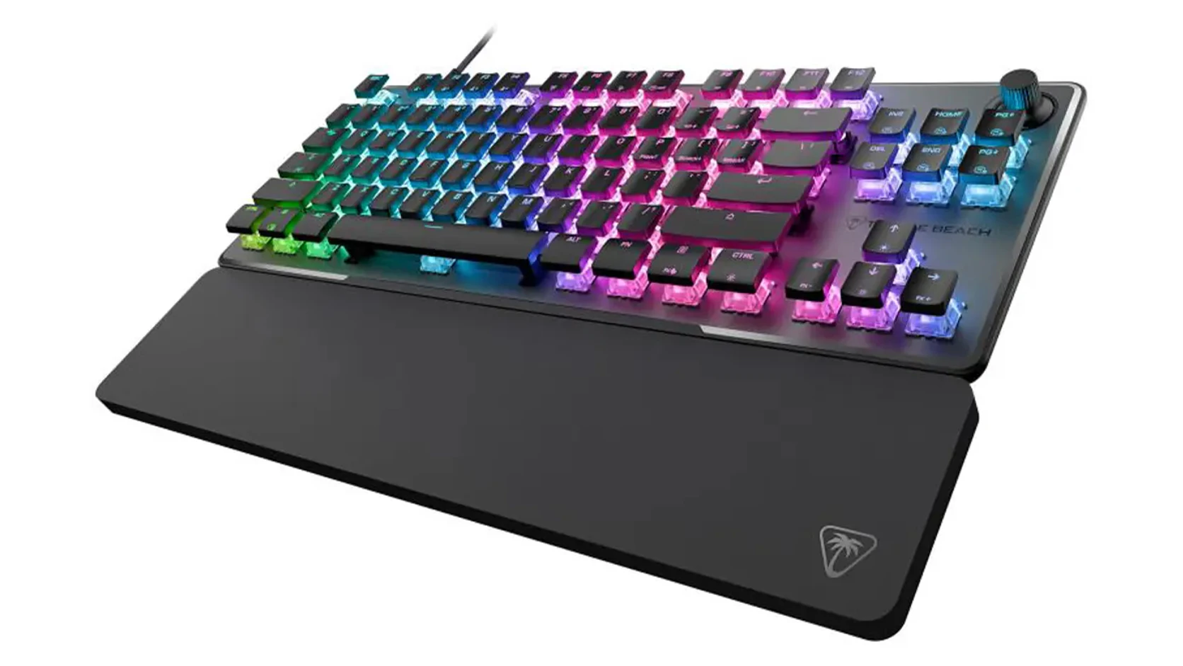 Herní klávesniceTurtle Beach Vulcan II TKL Pro na bílém pozadí ukazuje kompaktní design a rozložení kláves
