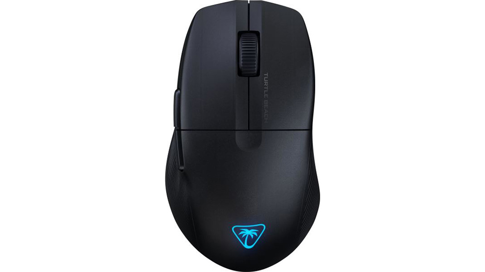 Bezdrátová herní myš Turtle Beach Pure Air na bílém pozadí zobrazující ergonomický design a RGB podsvícení