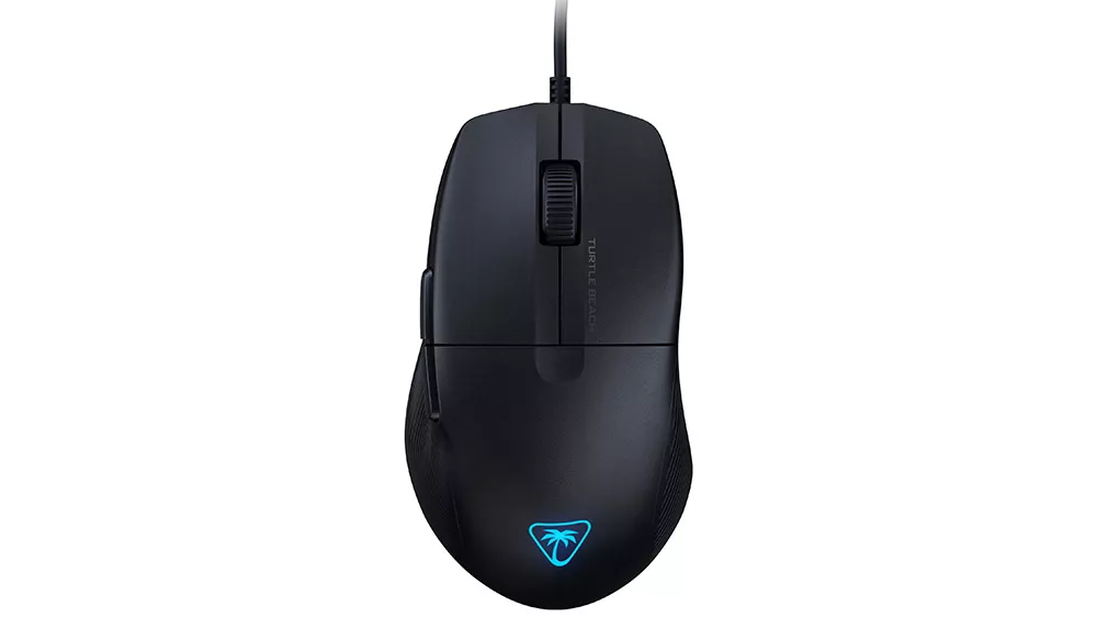 Herná myš Turtle Beach Pure SEL na bielom pozadí zobrazujúca ergonomický dizajn s programovateľnými tlačidlami a teflónové kolieska