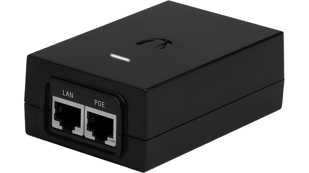PoE injektor Ubiquiti POE-48-24W zobrazující kompaktní tělo s konektory RJ45