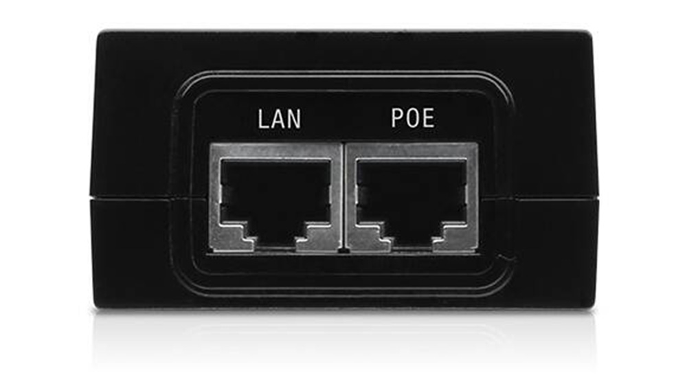 PoE injektor Ubiquiti POE-48-24W zobrazující kompaktní tělo s konektory RJ45 02