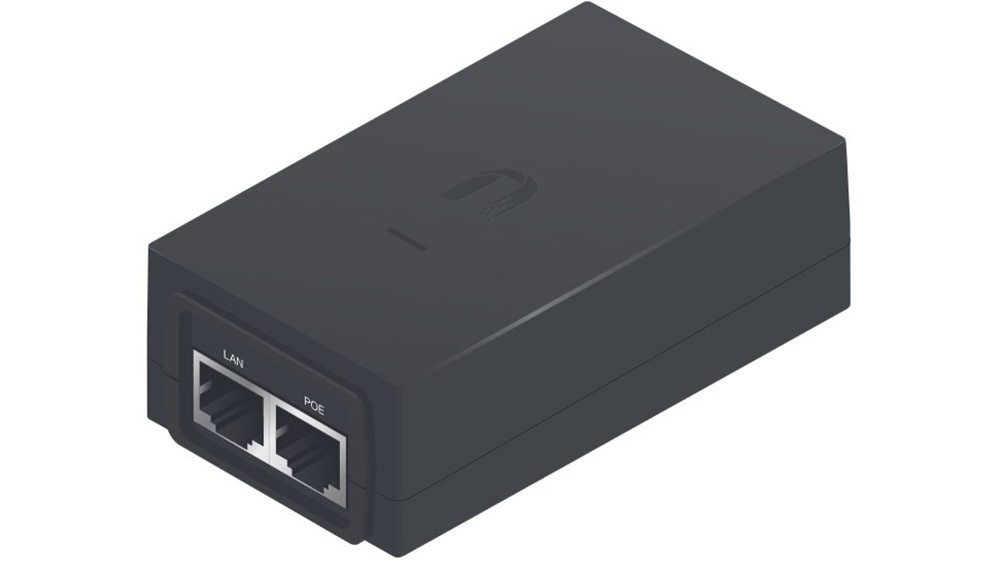 PoE adaptér Ubiquiti POE-50-60W na bílém pozadí zobrazující kompaktní design a připojovací porty