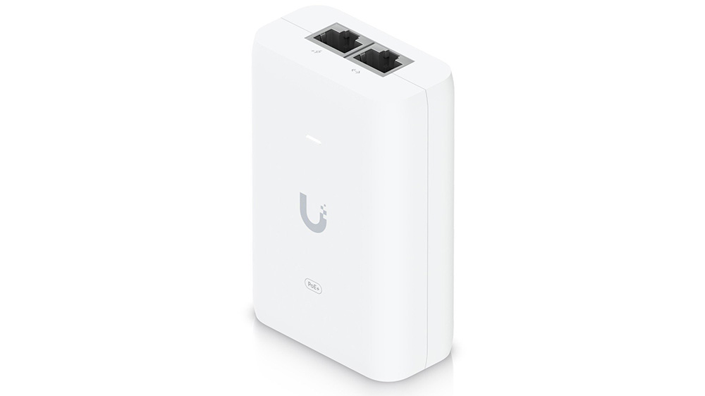 Injektor PoE+ 30W Ubiquiti U-POE-AT na b&iacute;l&eacute;m pozad&iacute; zobrazuj&iacute;c&iacute; kompaktn&iacute; design a konektory 02
