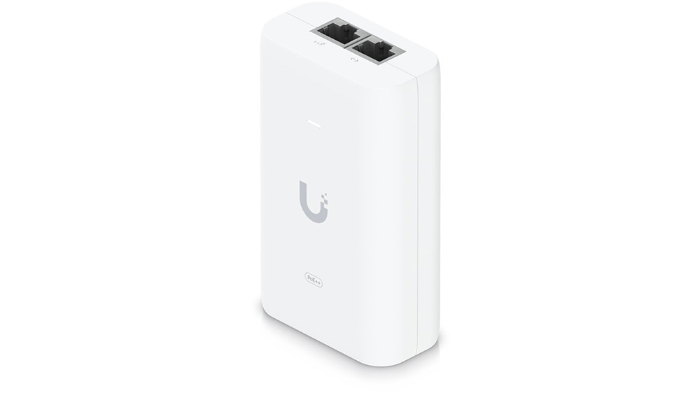 PoE++ adaptér Ubiquiti UniFi U-PoE++ 60W na bílém pozadí zobrazující LAN Porty