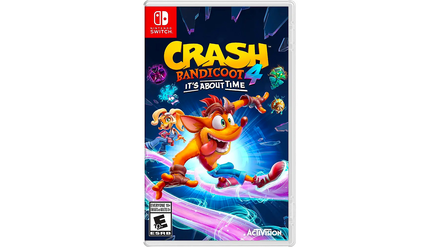 Hra Crash Bandicoot 4: It's About Time pro Nintendo Switch na bílém pozadí ukazující obal hry