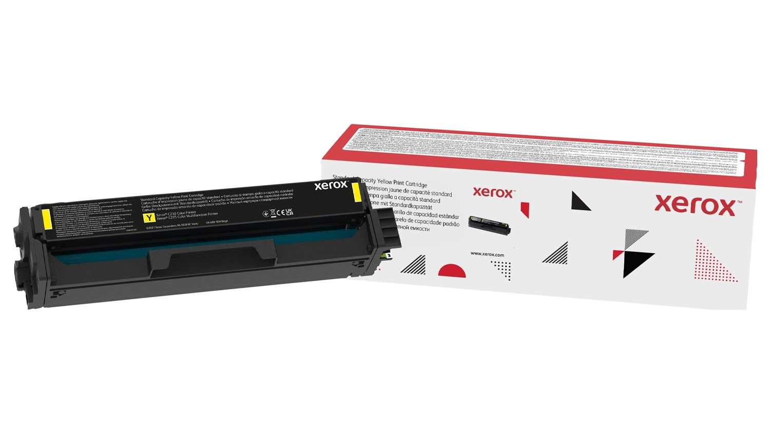 Tonerová kazeta Xerox 006R04390 žlutá na bílém pozadí zobrazující celkový design produktu a balení