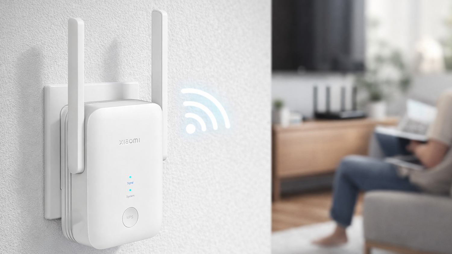 Zesilovač Xiaomi Wi-Fi Range Extender AX1500 připojený do zásuvky na stěně obýváku