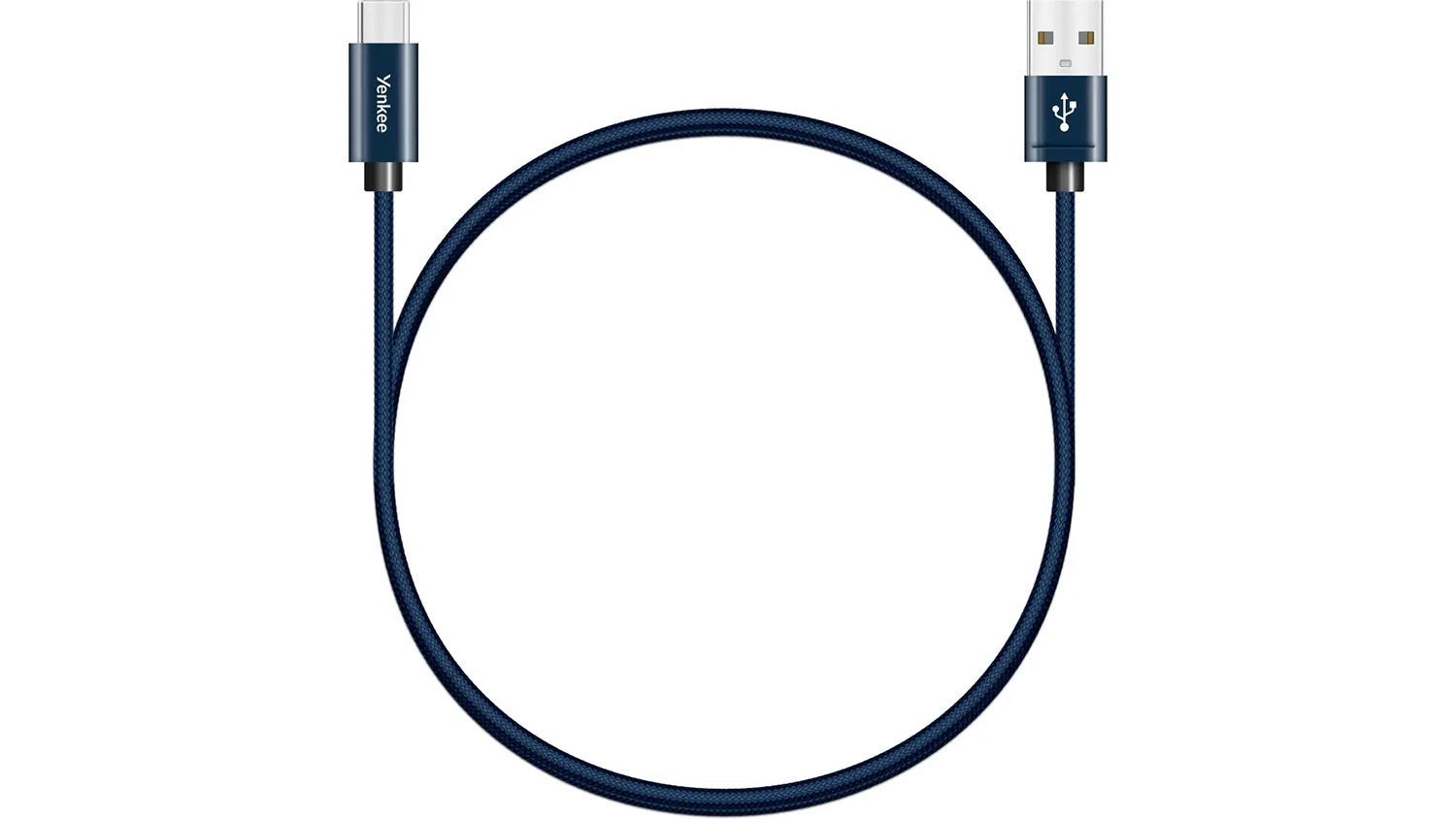 USB-C kabel Yenkee YCU 302 BE Navy Blue připojený k telefonu s viditelným opletením