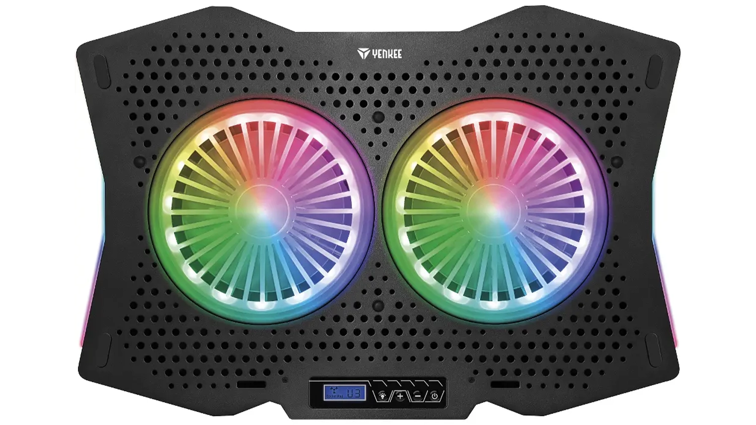 Chladic&iacute; podložka pro notebooky Yenkee YSN 310 RGB LCD na b&iacute;l&eacute;m pozad&iacute;