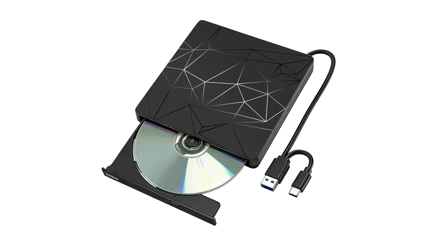 Osoba, ktorá vkladá externú CD/DVD vypaľovačku Yenkee YCD 100 s USB-A a USB-C do tašky k notebooku.