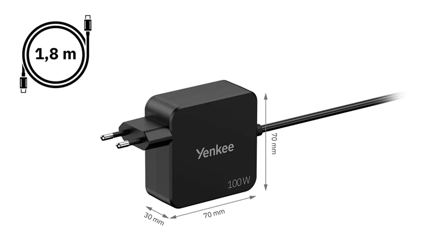 Univerzálna USB-C nabíjačka Yenkee – rozmery a dĺžka