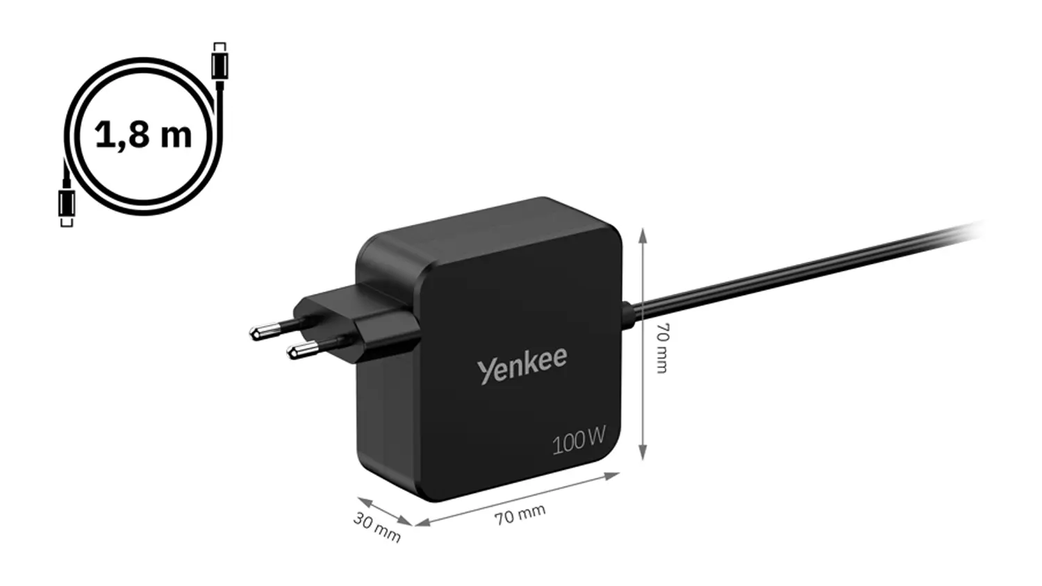 Univerz&aacute;ln&iacute; USB-C nab&iacute;ječka Yenkee &ndash; rozměry a d&eacute;lka