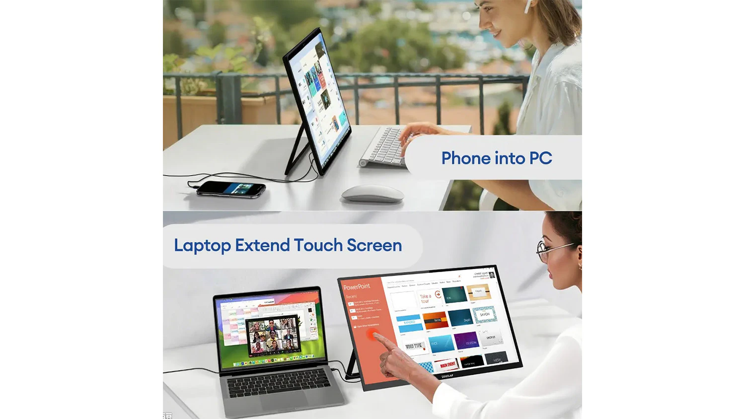 Monitor Zeuslap Z18TV Pro připojený k telefonu a notebooku