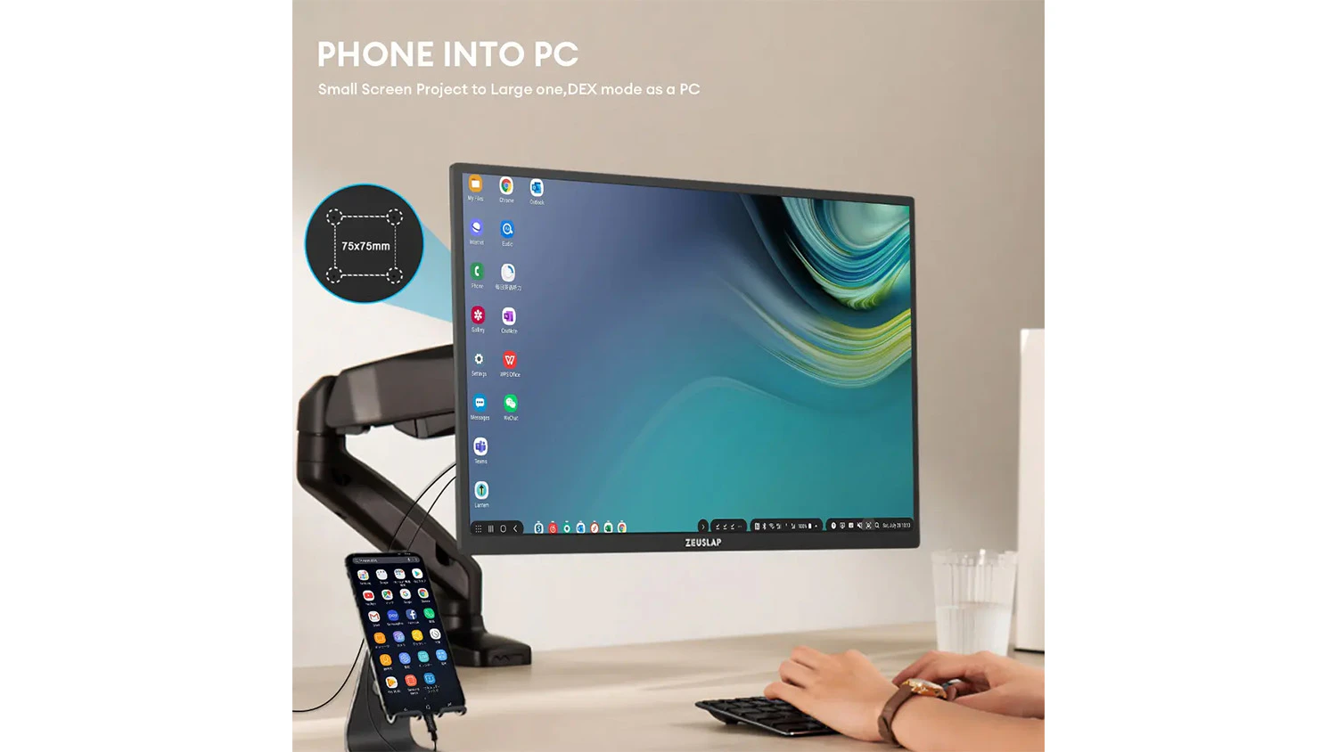 Telefon připojený k monitoru ZeusSlap Z22P Pro