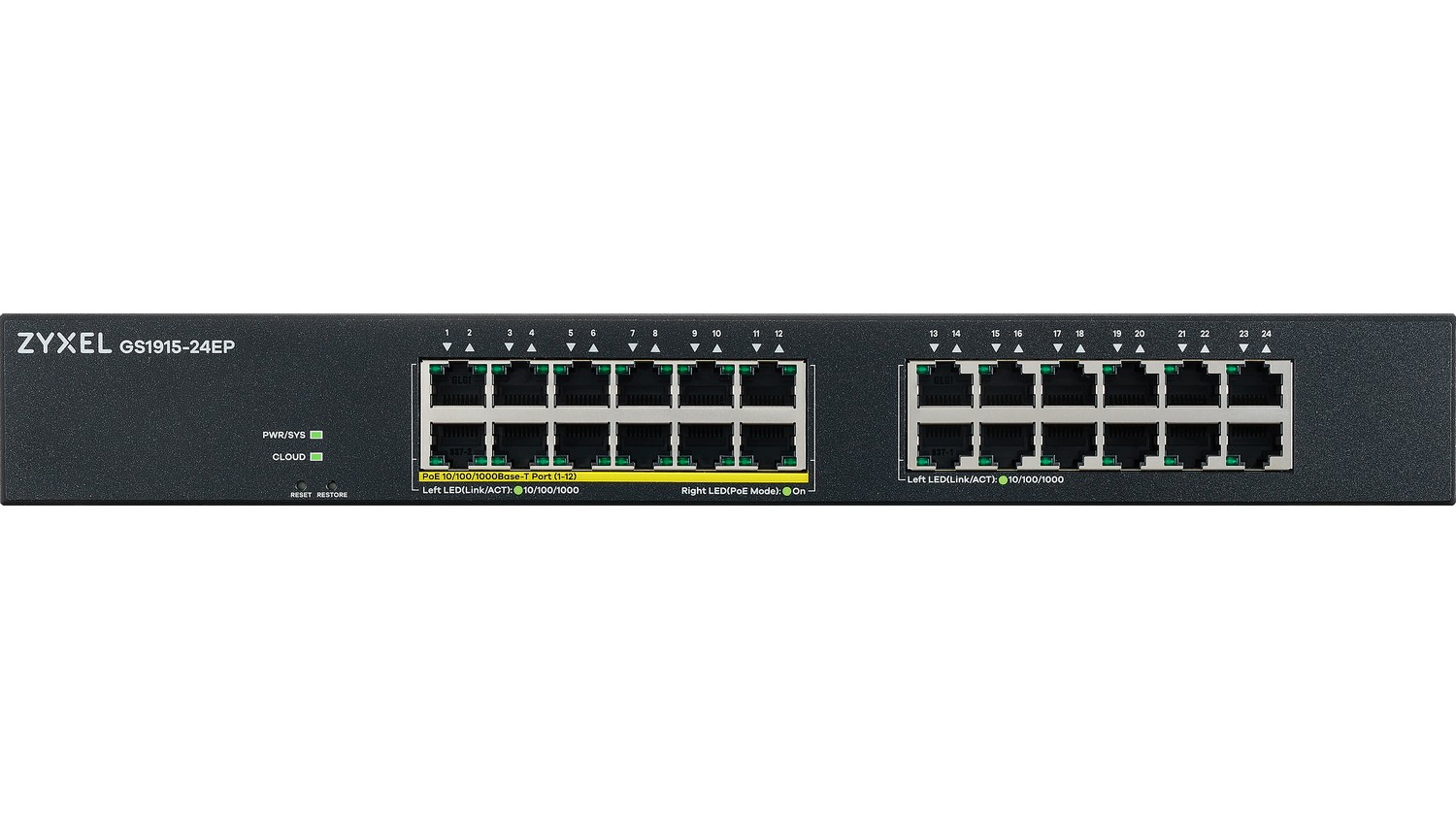 Switch Zyxel GS1915-24EP na bílém pozadí zobrazující přední panel s 24 síťovými porty včetně 12 PoE+ portů pro profesionální použití