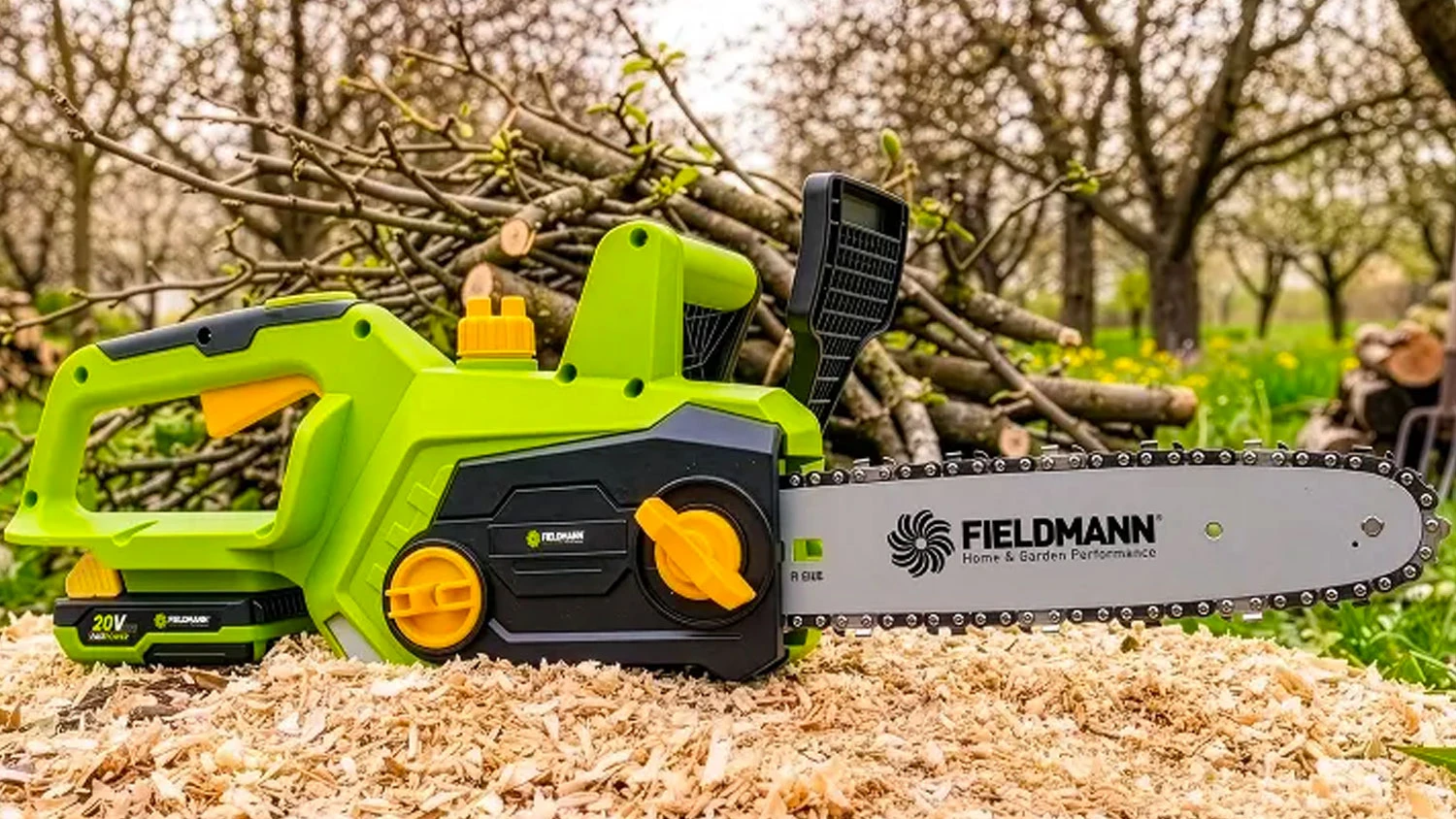 Aku reťazová píla Fieldmann FZP 70802-0 položená na štipkách dreva