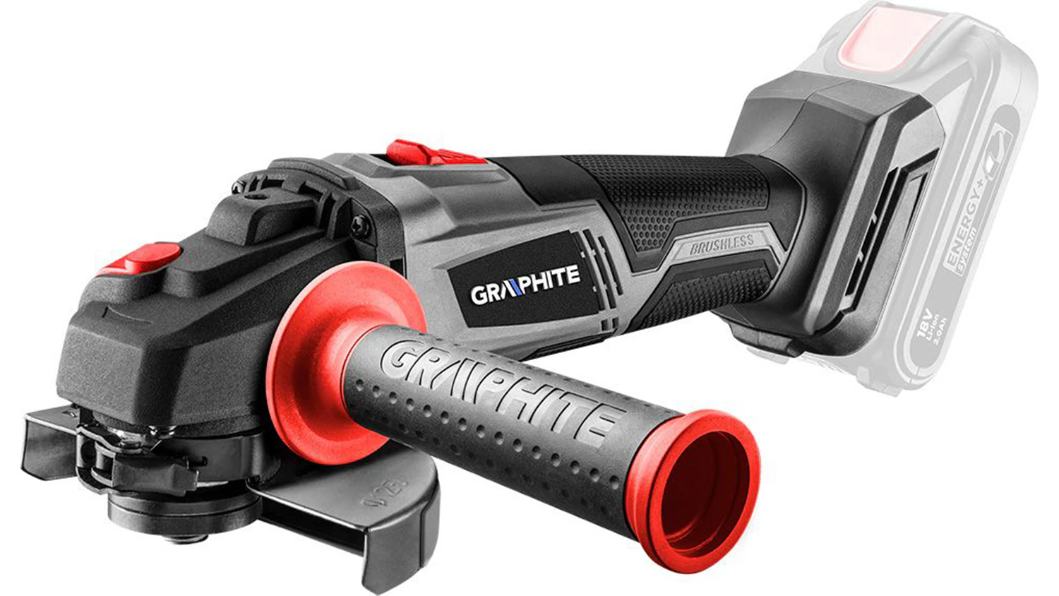 Akumulátorová úhlová bruska Graphite 58G026 zboku