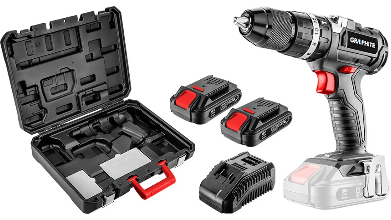 Vrtací šroubovák s příklepem Graphite 58G020-SET2 zepředu
