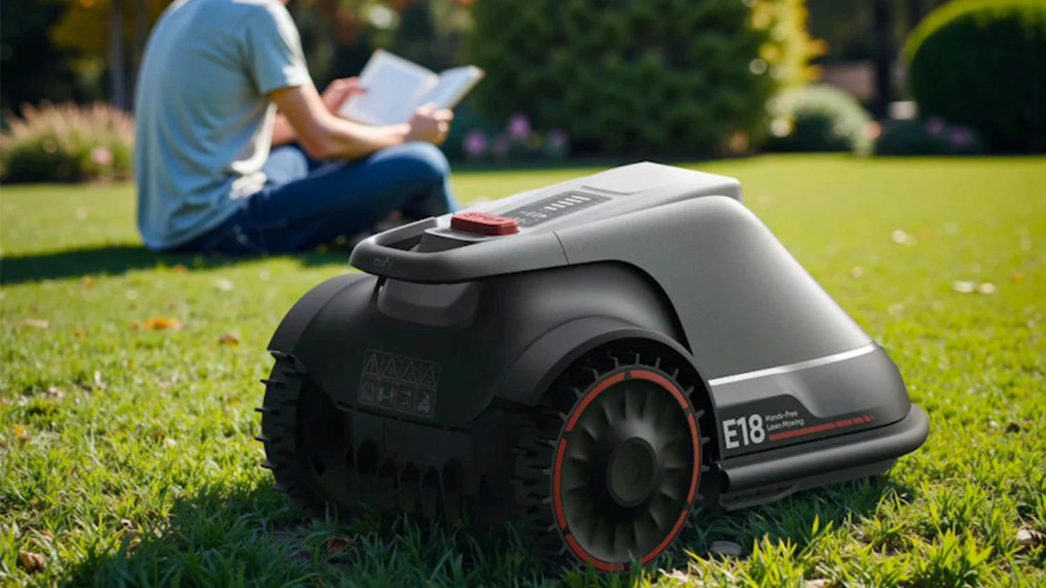 Robotická sekačka Anker Eufy E18, v pozadí muž čtoucí knížku