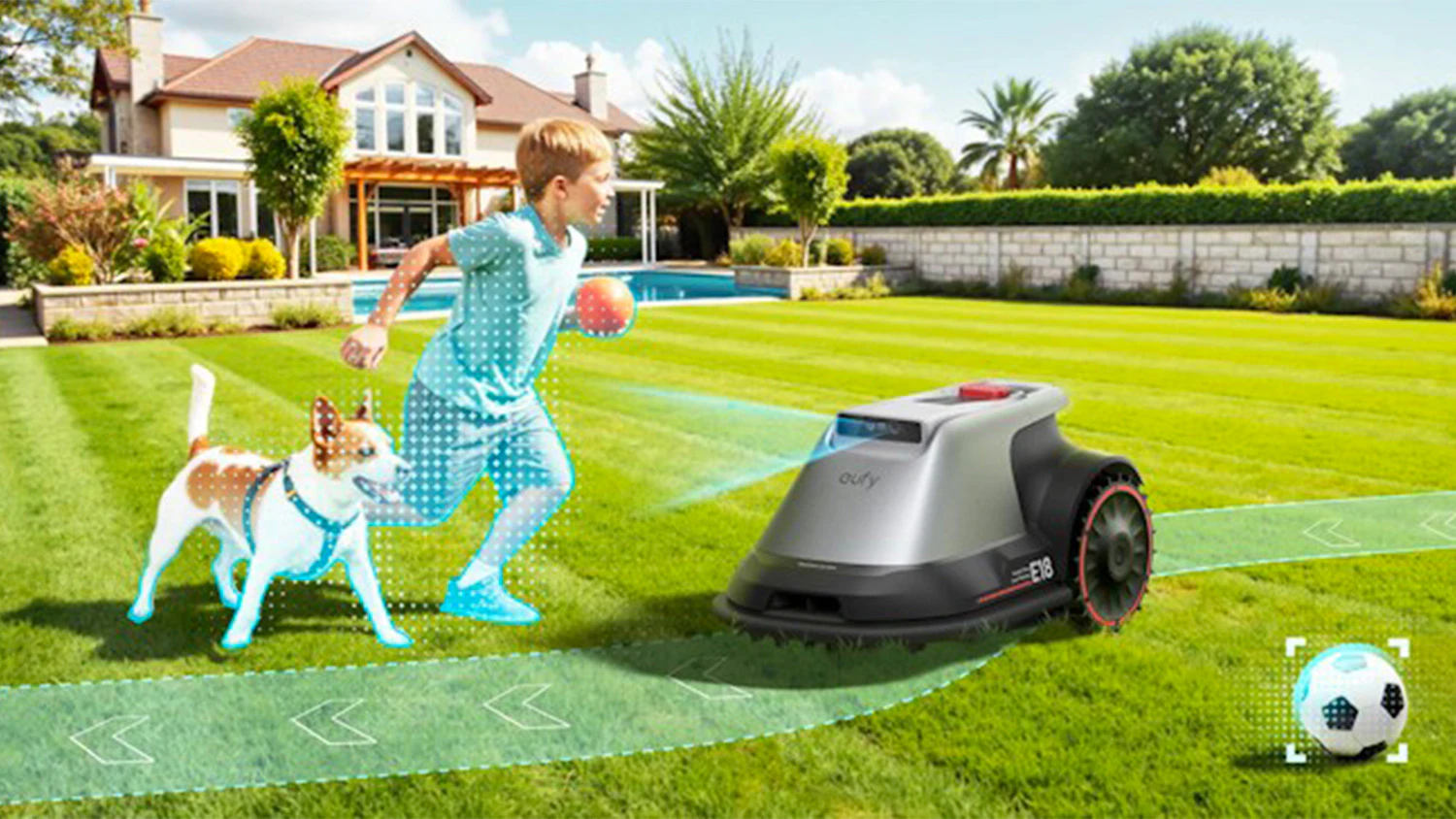 Robotická sekačka Anker Eufy E18 snímá dítě a psa
