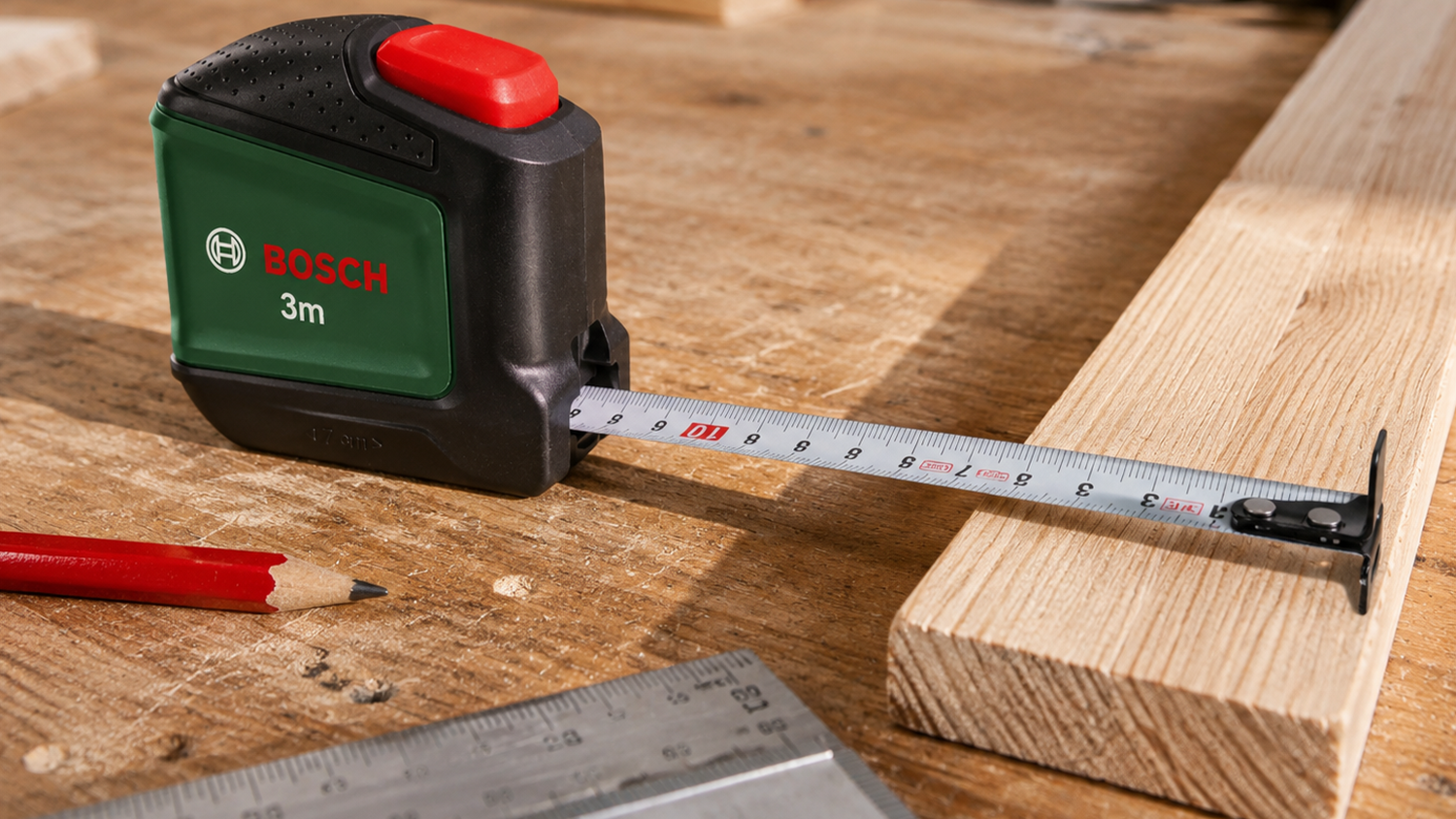 Svinovací metr Bosch 3 m 1.600.A03.2UX při měření v dílně
