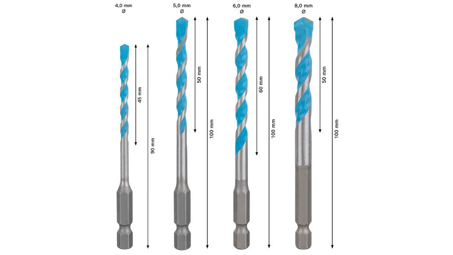 Rozměry vrtáků Bosch EXPERT HEX-9 Multi Construction 4 ks.