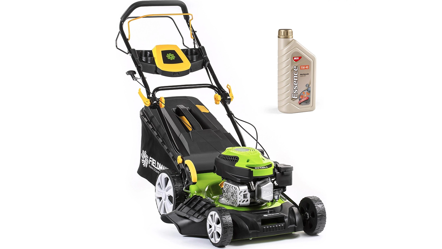 Motorov&yacute; olej MOL Dynamic Essence 15W-40 na bielom pozad&iacute; vedľa kosačky