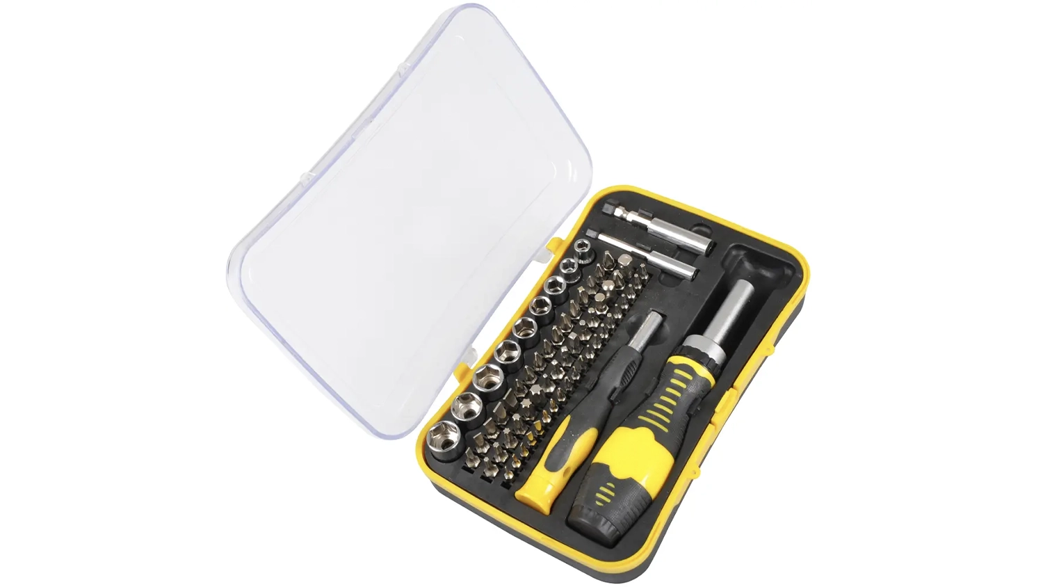 Sada bitov a skrutkovačov Fieldmann FDS 1005-65R 65 dielov na bielom pozad&iacute; zobrazuj&uacute;ca kompletn&uacute; s&uacute;pravu