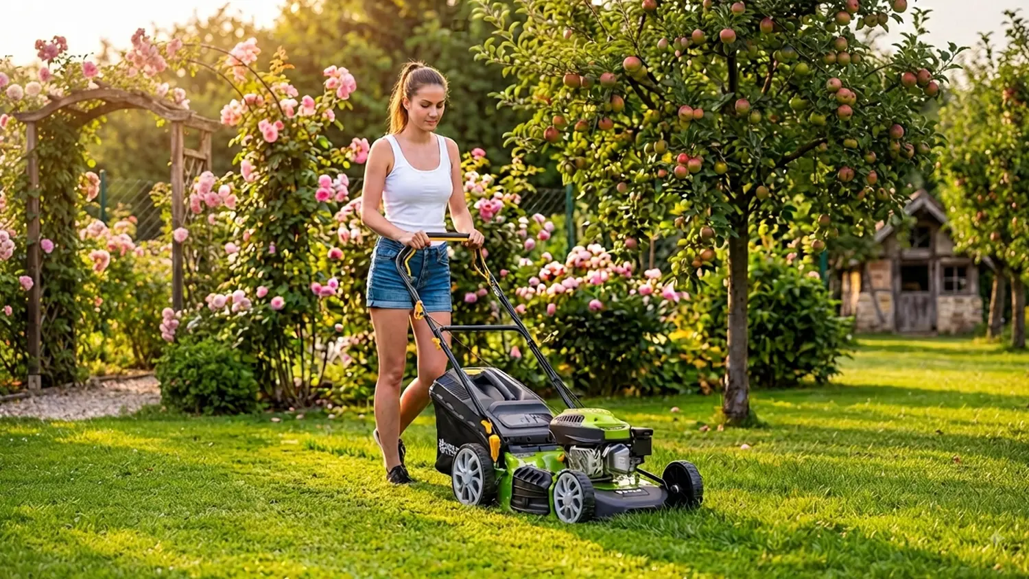 Žena seká trávu s benzínovou sekačkou Fieldmann FZR 5113-170B.