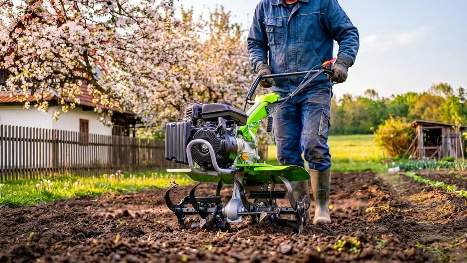 Muž rozr&yacute;va z&aacute;hon s benz&iacute;nov&yacute;m kultiv&aacute;torom Fieldmann FZK 6130-79B