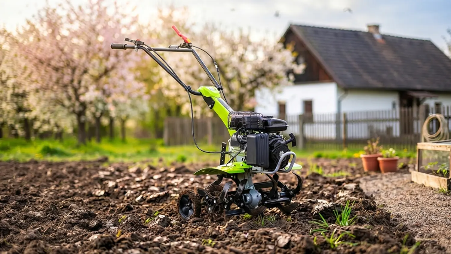 Benz&iacute;nov&yacute; kultiv&aacute;tor Fieldmann FZK 6130-79B na rozrytom z&aacute;hone